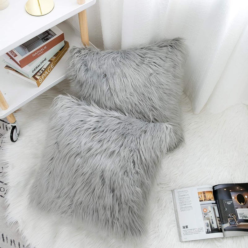 WLNUI Set of 2 Light Grey Decorative Fluffy Pillow Covers New Luxury Series Merino Style Faux Fur Throw Pillow Covers Square Fuzzy Cushion Case Spring Easter Home Decor 16x16 Inch - Image 4